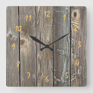 Reloj Cuadrado Hermoso ancla rústica de madera de aspecto auténti