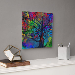 Reloj Cuadrado Hermoso Árbol acuarela