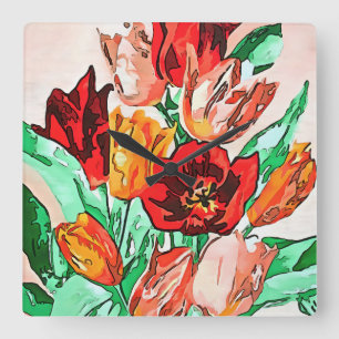 Reloj Cuadrado Hermoso Bouquet Floral Tulipanes Arte Contorno Neg