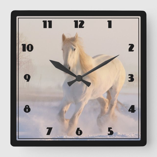 Reloj Cuadrado Hermoso caballo blanco en foto de nieve (Anverso)