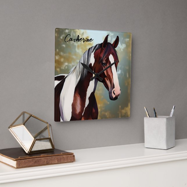 Reloj Cuadrado Hermoso caballo de pintura (Oficina)