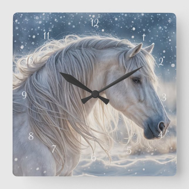 Reloj Cuadrado Hermoso caballo en invierno de nieve (Anverso)