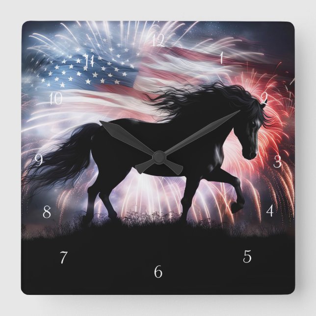 Reloj Cuadrado Hermoso caballo parótico con fuegos artificiales d (Anverso)