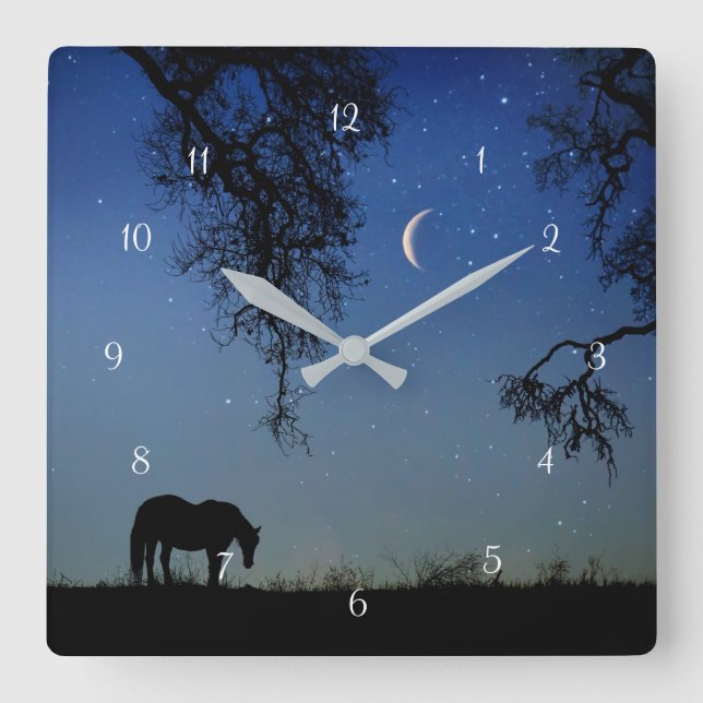 Reloj Cuadrado Hermoso caballo y luna (Anverso)