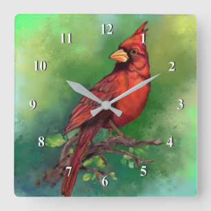 Reloj Cuadrado Hermoso cardenal rojo del norte pintando arte 