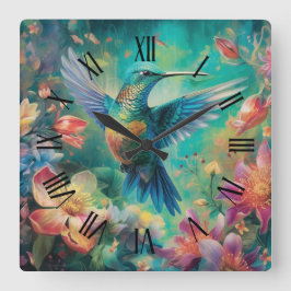 Reloj Cuadrado Hermoso colibrí rodeado de flores