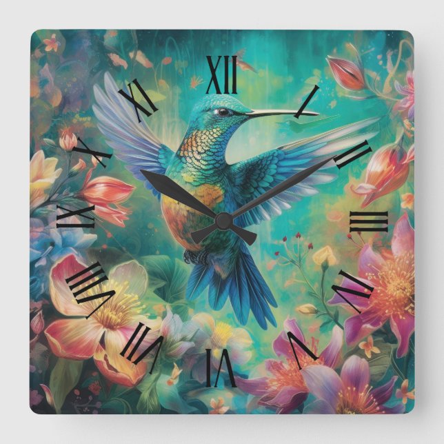 Reloj Cuadrado Hermoso colibrí rodeado de flores (Anverso)