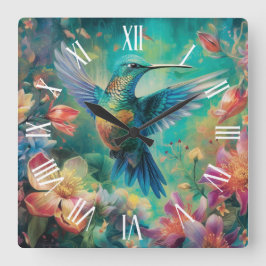 Reloj Cuadrado Hermoso colibrí rodeado de flores