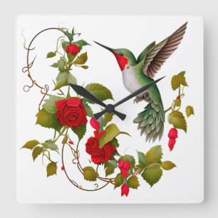 Reloj Cuadrado Hermoso colibrí y rosas rojas