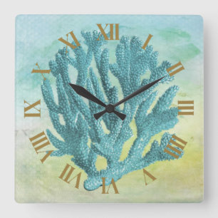 Reloj Cuadrado Hermoso coralino azul y elegante costeros