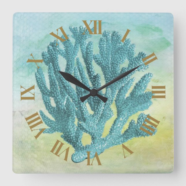 Reloj Cuadrado Hermoso coralino azul y elegante costeros (Anverso)