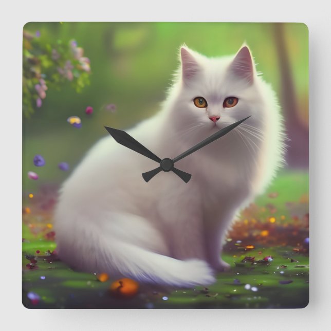 Reloj Cuadrado Hermoso Gato Blanco Fluffy (Anverso)