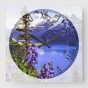 Reloj Cuadrado Hermoso lago azul y montañas número romano