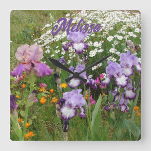 Reloj Cuadrado Hermoso lirio púrpura Irises flor floral Jardín