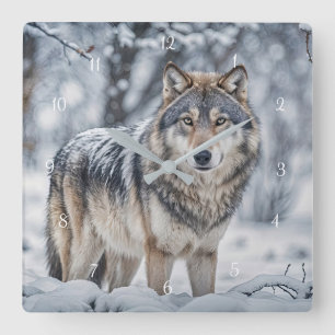 Reloj Cuadrado Hermoso lobo en la nieve fauna