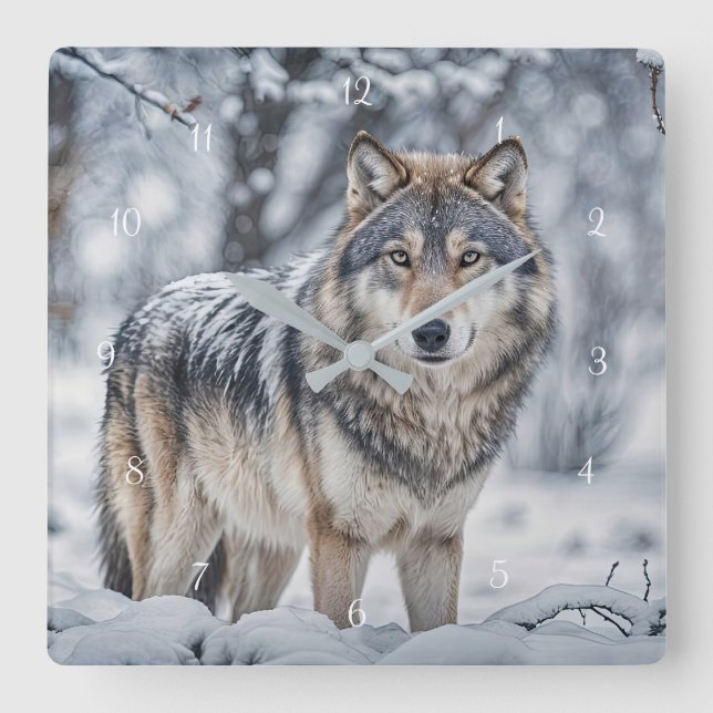 Reloj Cuadrado Hermoso lobo en la nieve fauna (Anverso)