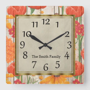 Reloj Cuadrado Hermoso Madera Floral Amarillo Naranja Rojo