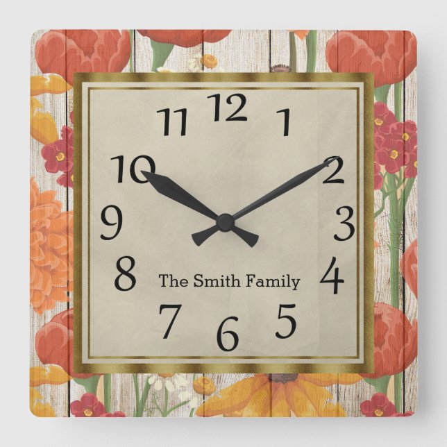 Reloj Cuadrado Hermoso Madera Floral Amarillo Naranja Rojo (Anverso)