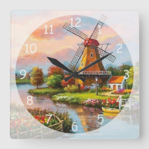 Reloj Cuadrado Hermoso molino de viento clásico