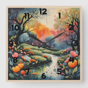 Reloj Cuadrado Hermoso paisaje pastel en primavera lluvias