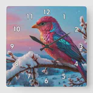 Reloj Cuadrado Hermoso pájaro colorido en una rama de árbol nevad