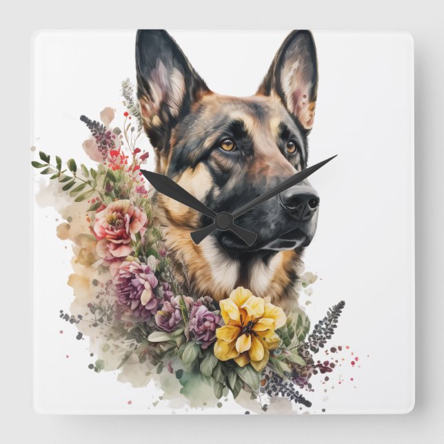 RELOJ CUADRADO HERMOSO PERRO ALEMÁN SHEPHERD CON FLORES DE HIERRO (Anverso)
