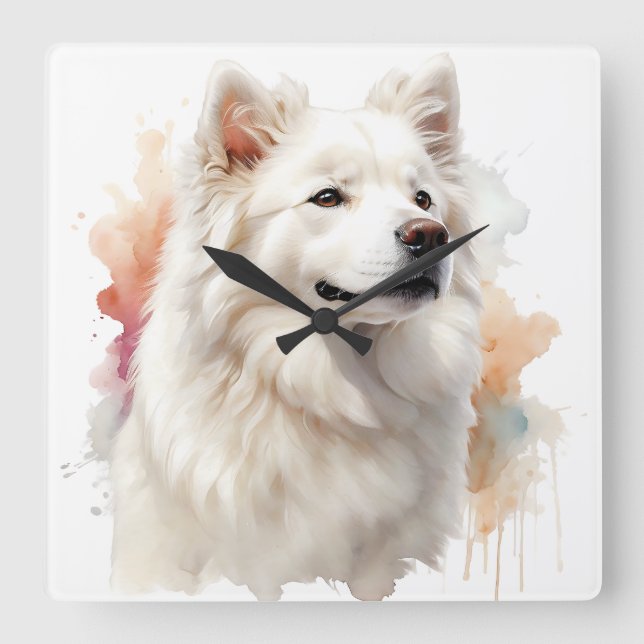 RELOJ CUADRADO HERMOSO PERRO BLANCO SAMOYED (Anverso)