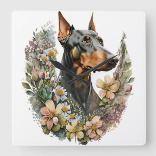 RELOJ CUADRADO HERMOSO PERRO DOBERMAN PINSCHER NEGRO Y CAFE