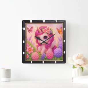 Reloj Cuadrado Hermoso Unicornio Mariposa Rosa