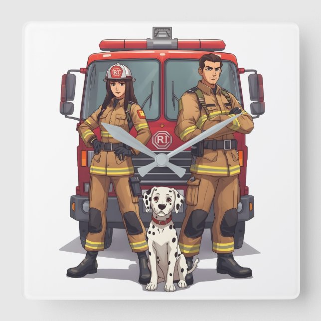 Reloj Cuadrado Heroic Firefighters & Dalmatian Wall Clock (Anverso)