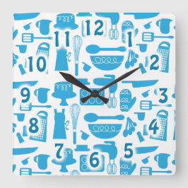 Reloj Cuadrado Herramientas de cocina de color azul lindo Patrón 