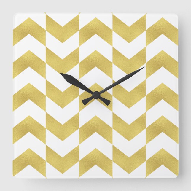 Reloj Cuadrado Herringbone Pattern Gold & White Clock (Anverso)