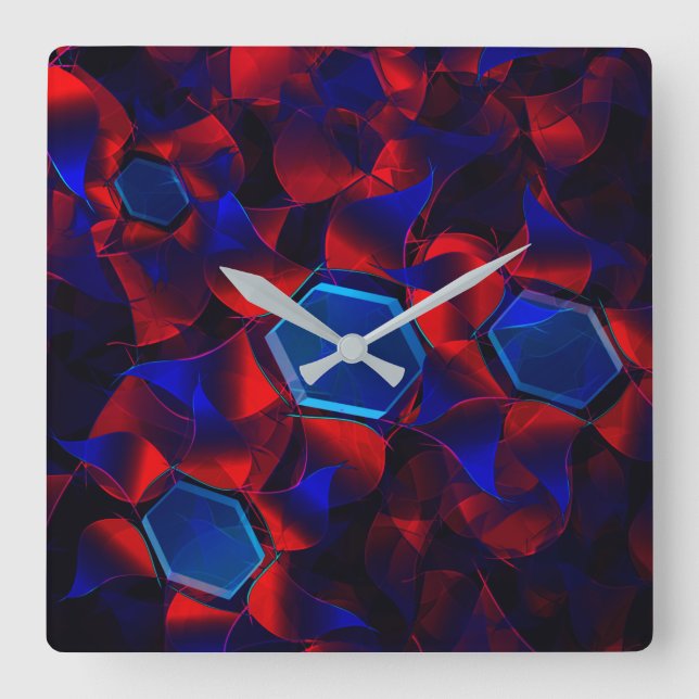 Reloj Cuadrado hexágono azul mezclado con curvas rojas superpuest (Anverso)