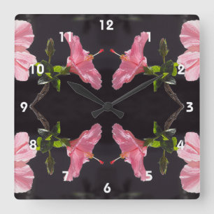 Reloj Cuadrado Hibiscus rosado en negro