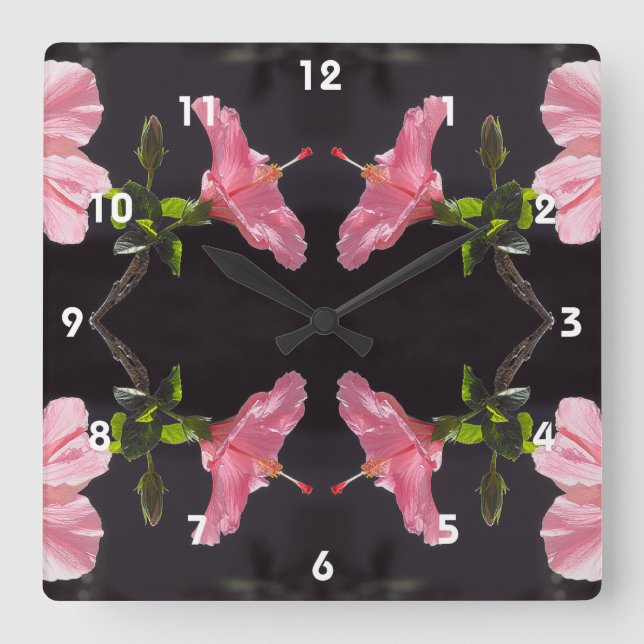 Reloj Cuadrado Hibiscus rosado en negro (Anverso)