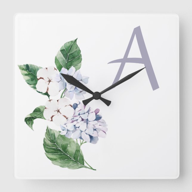 Reloj Cuadrado HIDROANGEA de primavera con carta personalizable (Anverso)