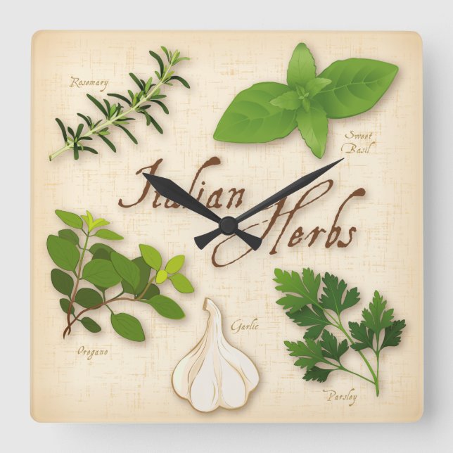 Reloj Cuadrado Hierbas italianas, Basil, Oregano, Parsley, ajo (Anverso)