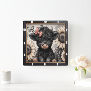 Reloj Cuadrado Highland Calf Sunflower Bow