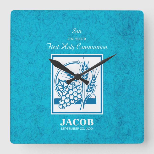 Reloj Cuadrado Hijo, Primera Comunión, Trigo, Uvas Azules (Anverso)