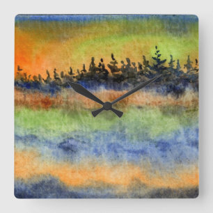 Reloj Cuadrado Hills, pines, sky, fog landscape in sunrise colors
