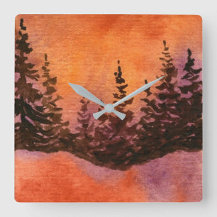 Reloj Cuadrado Hills, pines, sky, fog landscape in sunset colors