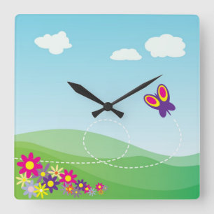 RELOJ CUADRADO HILLSIDE WITH BUTTERFLY AND FLOWERS