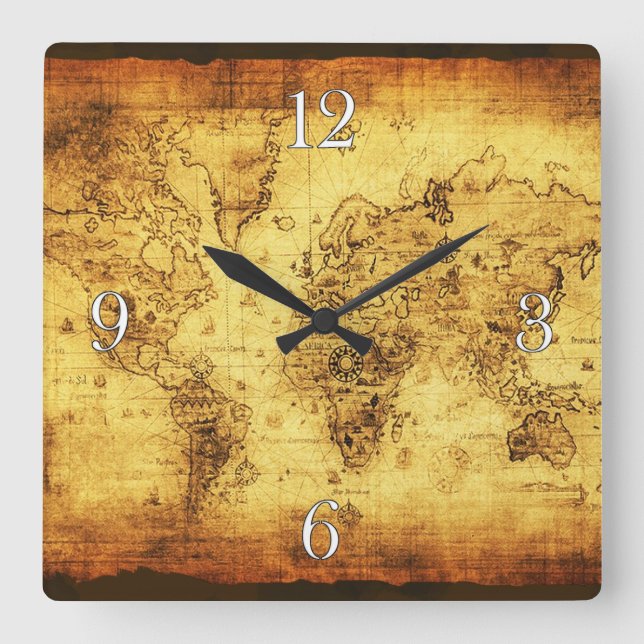 Reloj Cuadrado Histórico-bicho del mapa del viejo mundo de la vie (Anverso)