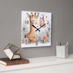 Reloj Cuadrado Historieta Woodland Babies Giraffe Butterfly