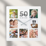 Reloj Cuadrado Hito de collage de fotos de la familia personaliza<br><div class="desc">Un reloj de pared como regalo para un cumpleaños número 50 (o cualquier edad) para una mujer, celebrando su vida con un collage de 7 de tus fotos. Personalice y agregue un nombre, edad 50 y fecha. Fecha de nacimiento o fecha del aniversario. Letras de color negro y gris. Un...</div>