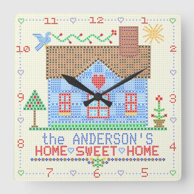 Reloj Cuadrado Hogar Sweet Home Cross Stitch House | Nombre de fa (Anverso)
