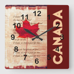 Reloj Cuadrado hoja de arce canadiense roja con el athem Canadá