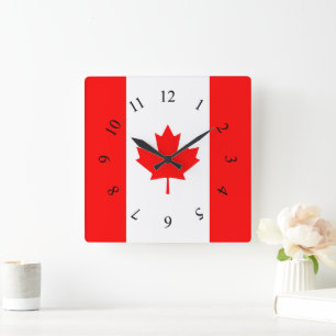 Reloj Cuadrado Hoja de Arce Roja y Blanca Canadiense Canadá