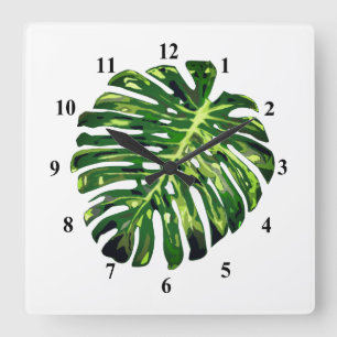 Reloj Cuadrado Hoja de Monstera Tropical