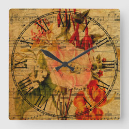 Reloj Cuadrado Hoja de música victoriana Watercolor Flor Fondo de